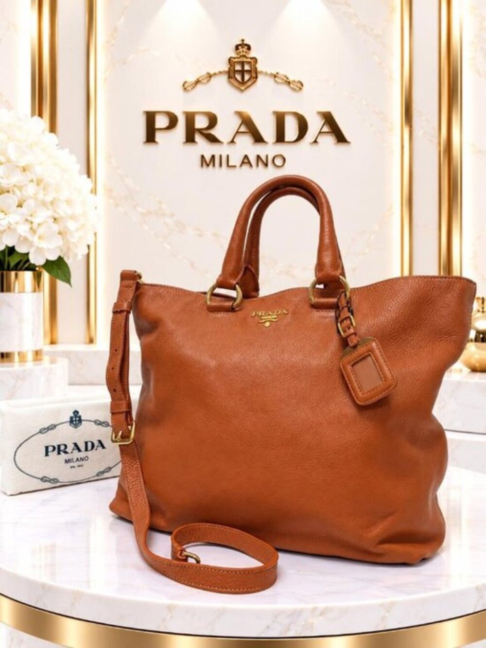 Authentic Prada Vitello Daino Brown Leather Convertible Tote Shoulder Bag Luxury